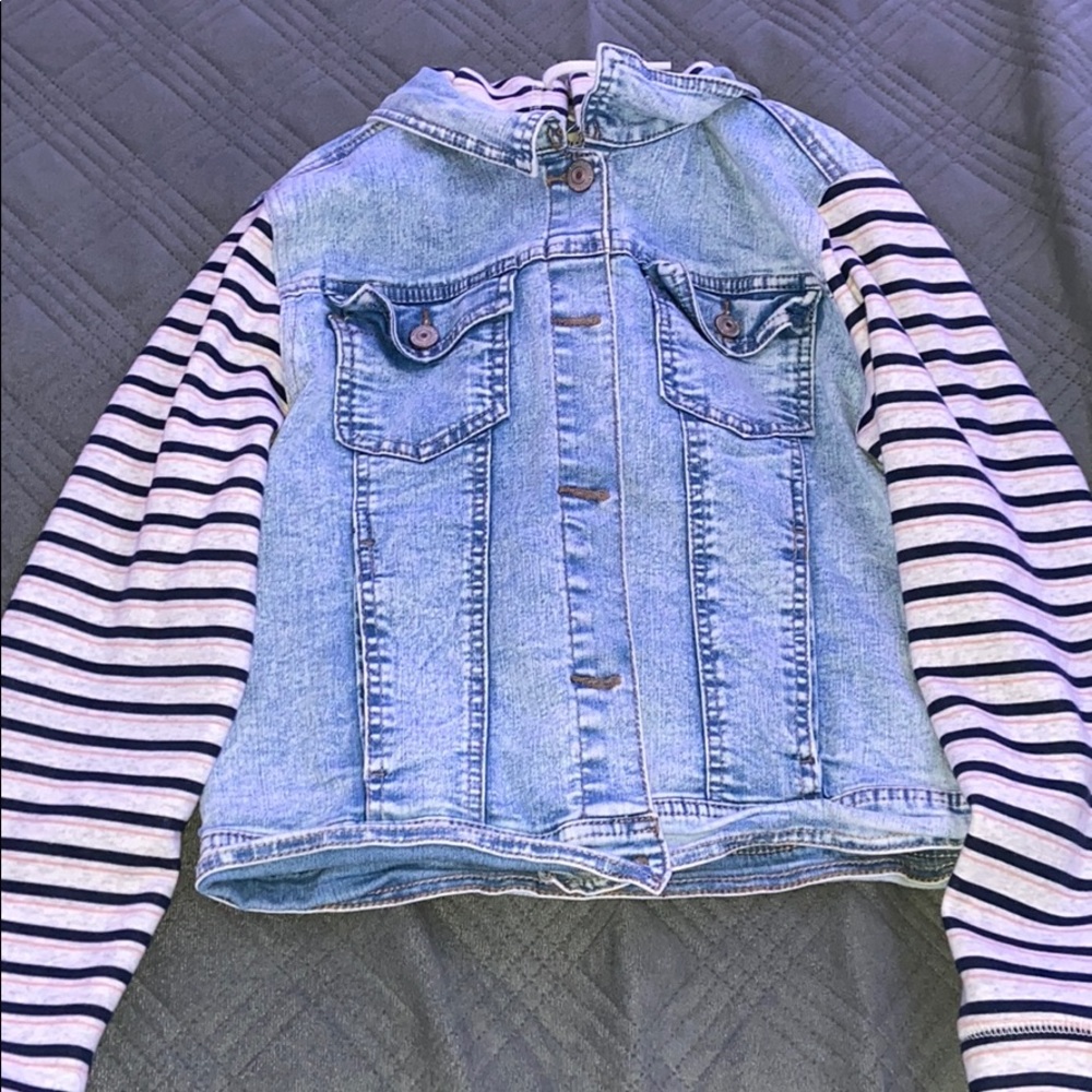 Cropped Jean Jacket with Striped Sleeves